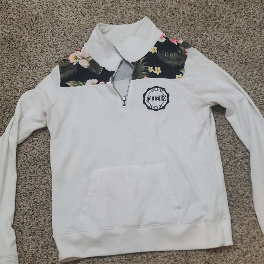 VS PINK white and floral quarter zip hoodie